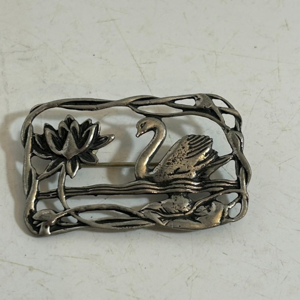 Vintage Art Nouveau Swan and Lotus‎ Flower Brooch Silver Tone Openwork Pin